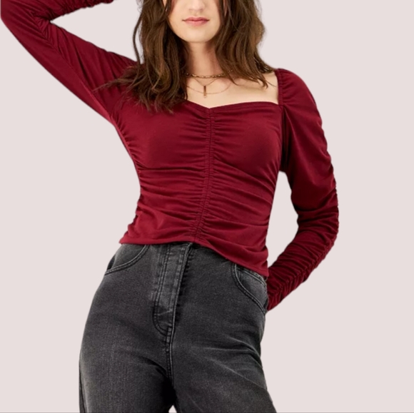 Kingston Grey Long Sleeve Sweetheart Neckline Top In Dark Red Maroon M - Picture 1 of 6
